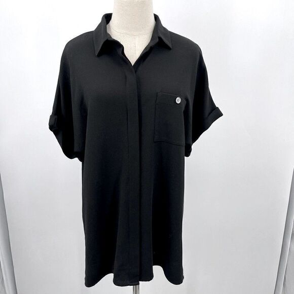 Worth New York womans blouse Oversized M black button down short sleeve BoxG - Picture 1 of 6
